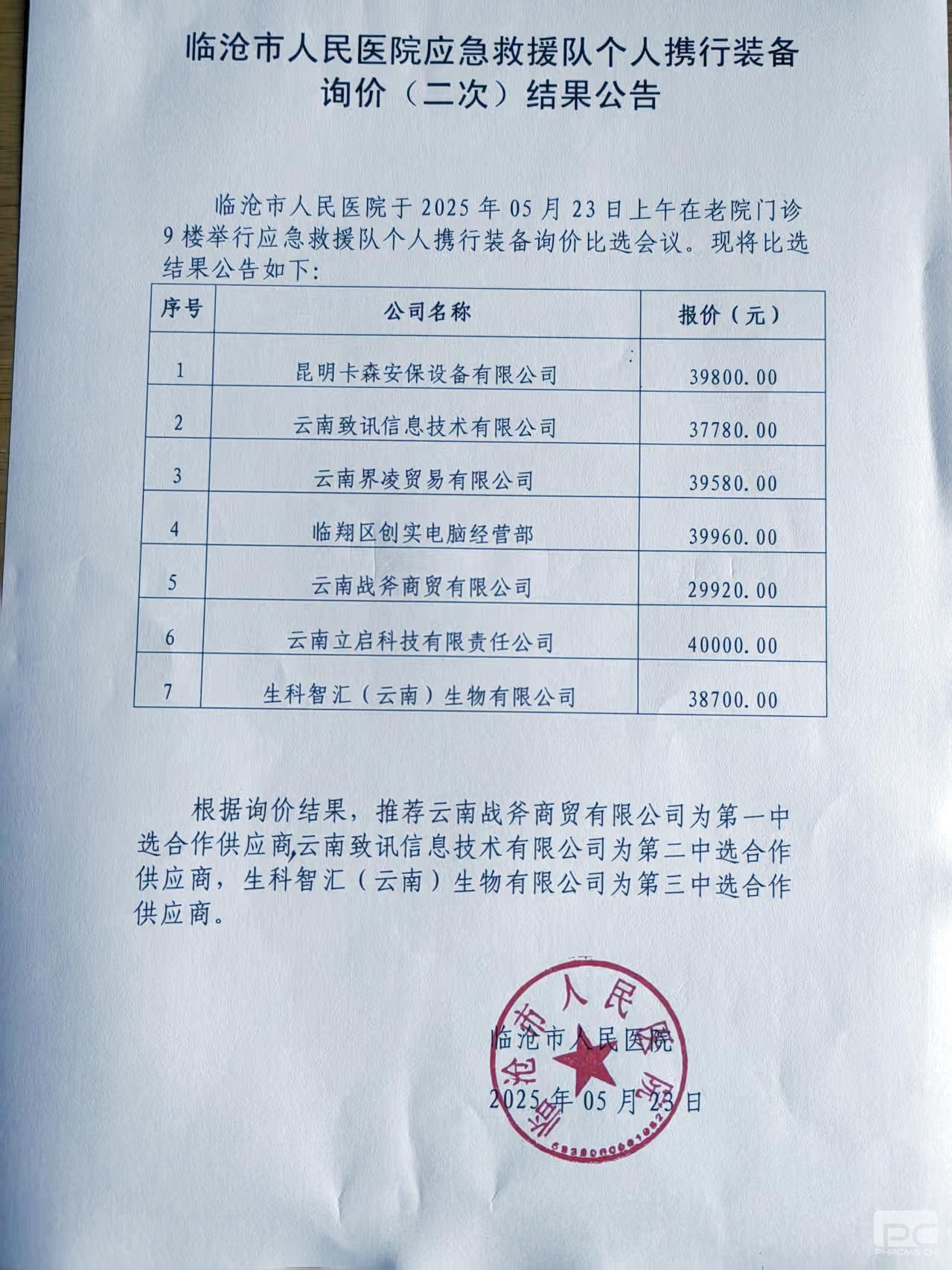 应急救援队个人携行装备询价（二次）结果公告